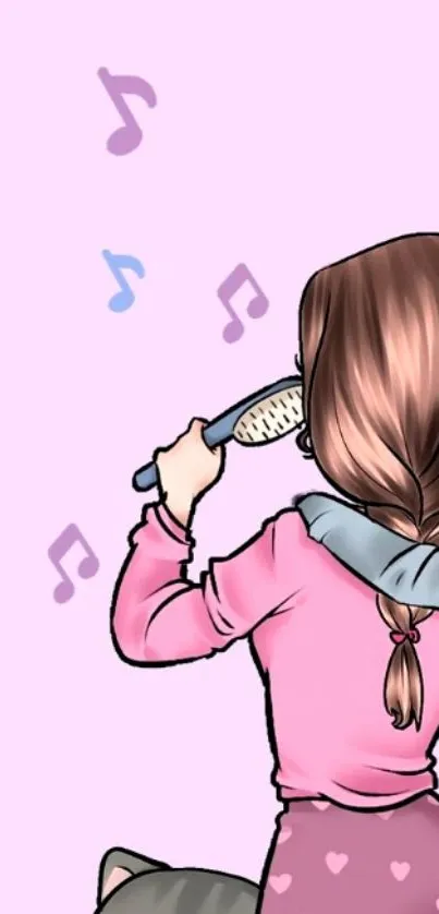 Cartoon girl singing with music notes on a pastel pink background wallpaper.