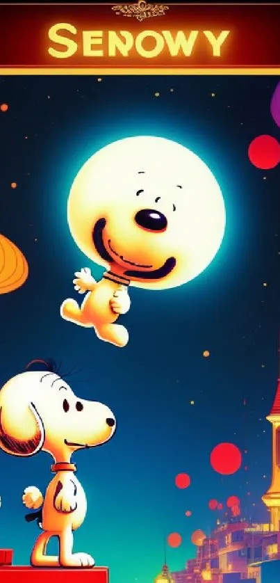 Cute cartoon characters with balloons in a city at night.