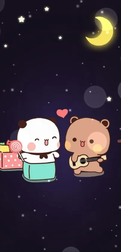 Cute cartoon night sky wallpaper with a bear and panda character.