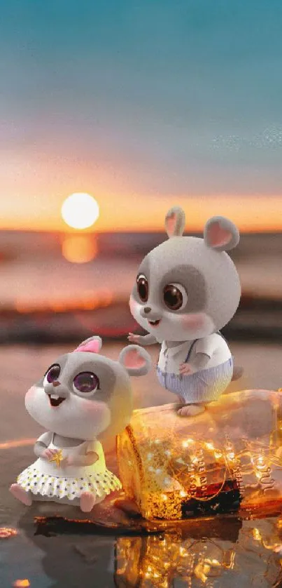 Cute cartoon bears on a glowing jar by the ocean at sunset.