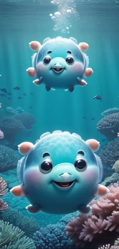 Two cute cartoon creatures in vibrant underwater ocean scene.