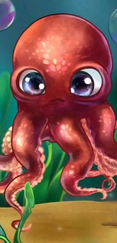 Cute cartoon octopus in underwater setting with bubbles.