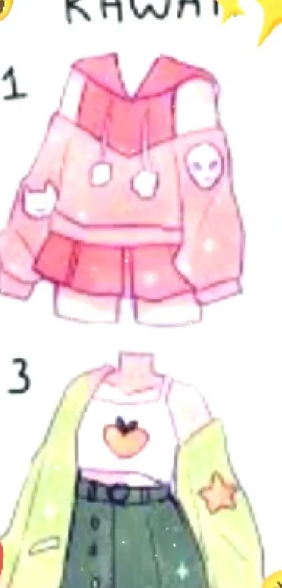 Kawaii cartoon outfits illustration with pastel colors and cute emojis.