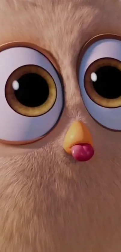 Close-up of a cute, fluffy cartoon owl with big, curious eyes and a tiny beak.