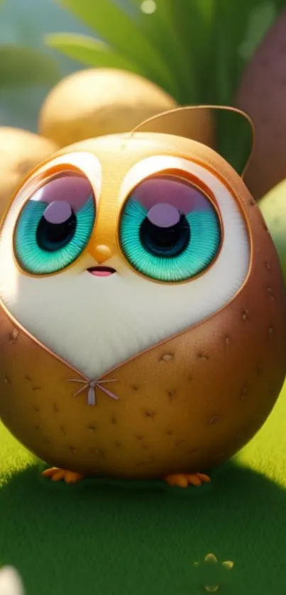 Adorable cartoon owl with big blue eyes on a green background.