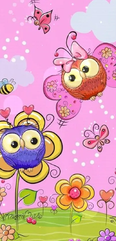 Cute cartoon owls and flowers on a pink background.