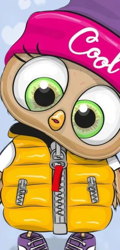 Cartoon owl with big eyes in a yellow jacket and pink beanie.