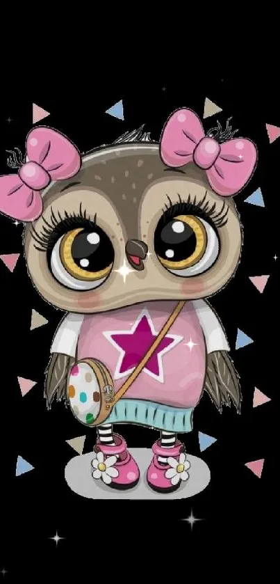 Cute cartoon owl with pink bows and geometric shapes on a black background.