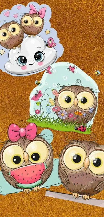 Cute cartoon owls with a whimsical, colorful background in mobile wallpaper.