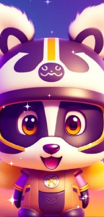 Cute cartoon panda in a colorful helmet on vibrant background.