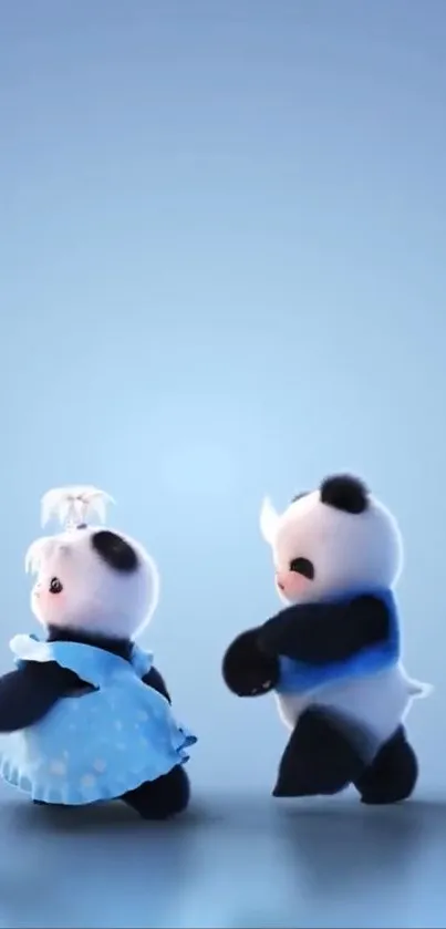 Two playful cartoon pandas in a cute, whimsical design on a light blue background.