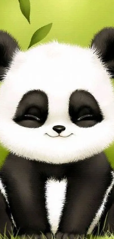 Cute cartoon panda smiling with green background.