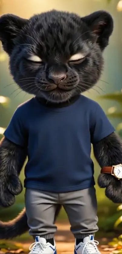 Charming cartoon panther in a jungle setting.