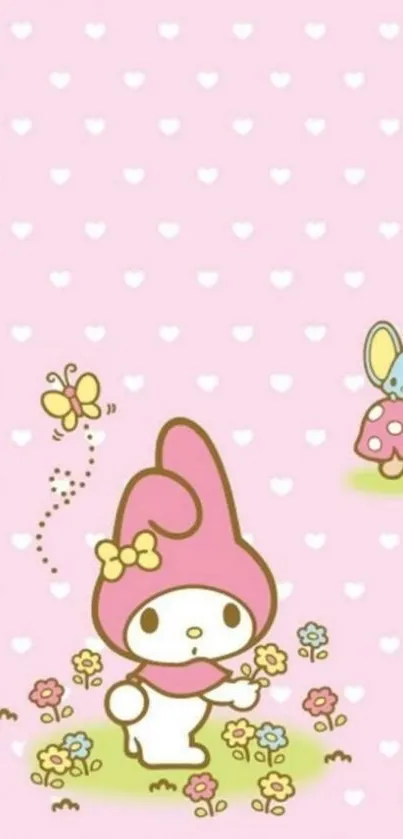 Cute cartoon character in a pastel floral mobile wallpaper.