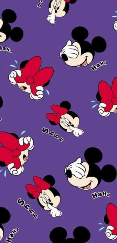 Cartoon characters on a purple background with playful expressions.