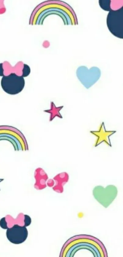 Colorful cartoon wallpaper with bows, rainbows, and stars on white background.