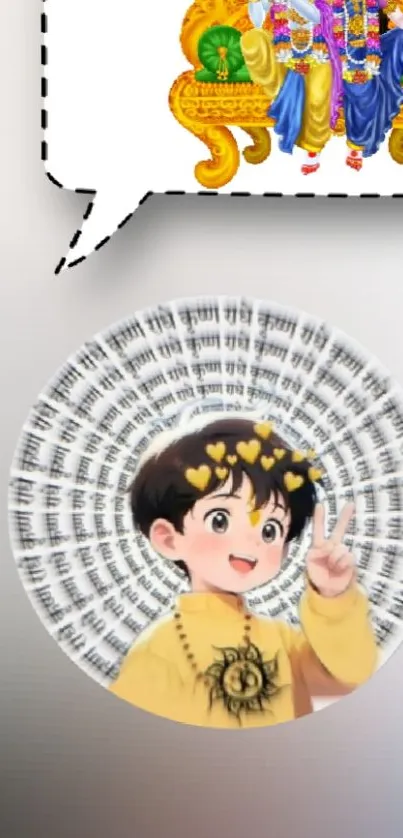 Cartoon child making peace sign with spiritual background.