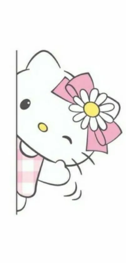 Cute cartoon character with a pink bow peeking from the side on a white background.