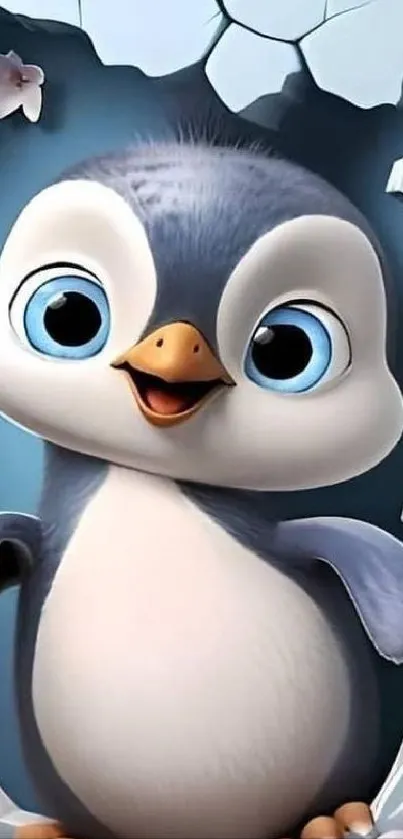 Adorable cartoon penguin with blue eyes on cracked background.