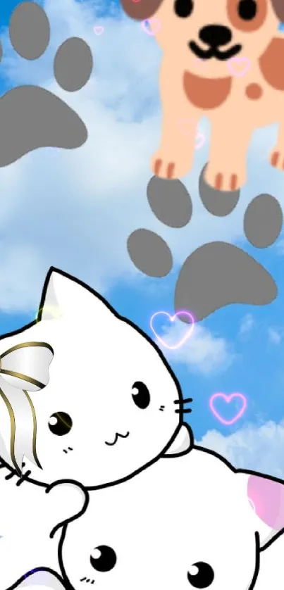 Cartoon cats and dog with paws and hearts in a sky background.