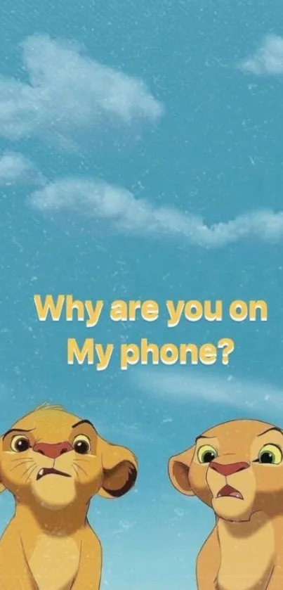 Cartoon cubs with "Why are you on my phone?" text on blue sky background.