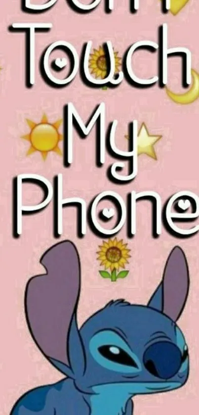 Cute cartoon alien wallpaper with 'Don't Touch My Phone' text on pink background.