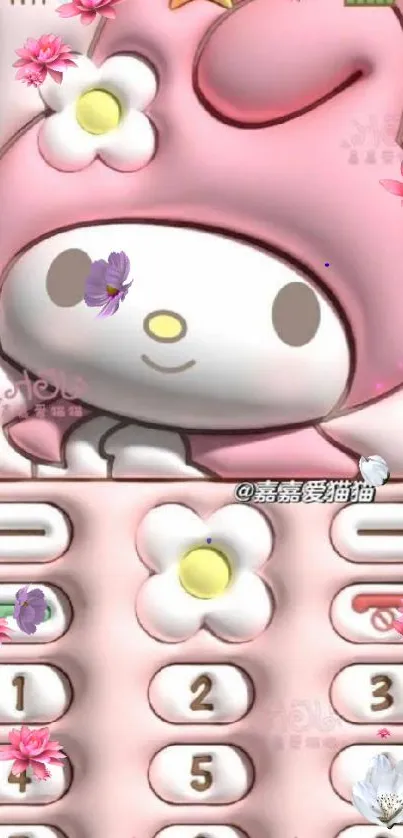 Cute pink cartoon character on a floral phone wallpaper.