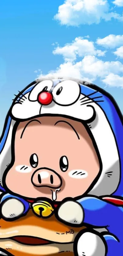 Adorable cartoon pig in blue costume with sunny cloud background.