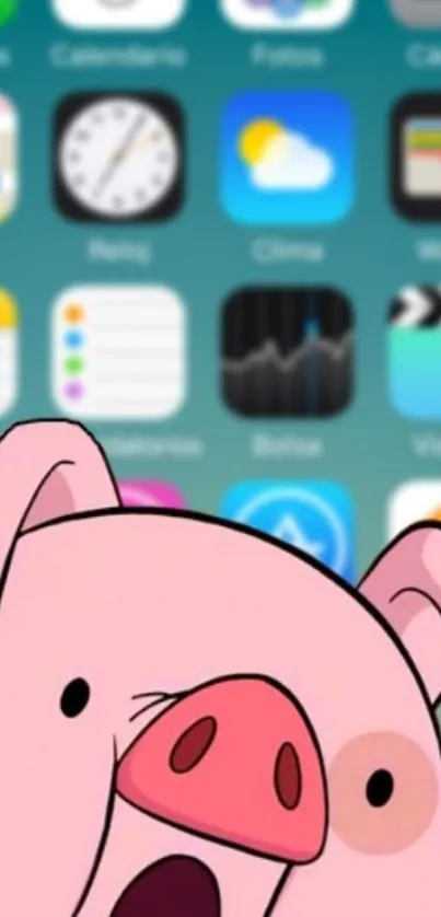 Cute cartoon pig on mobile phone background wallpaper.