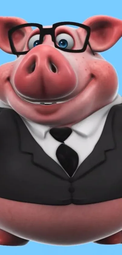 Cartoon pig in a suit with glasses on a blue background.