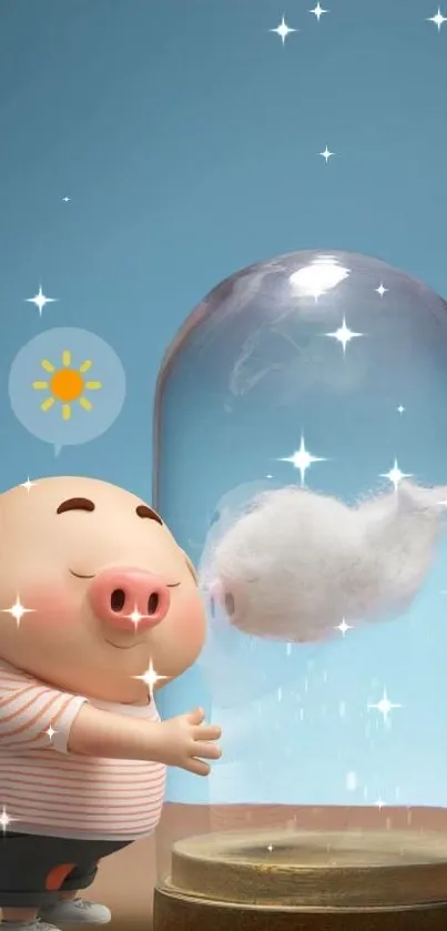 Adorable cartoon pig with a cloud in glass dome.