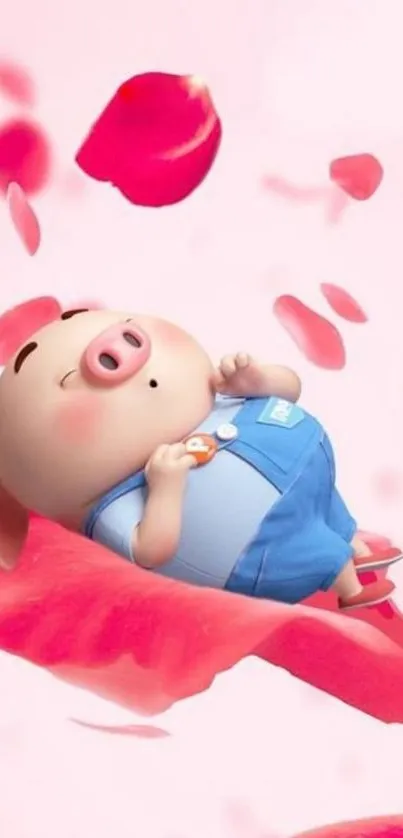 Cute cartoon pig sleeping on pink petals.