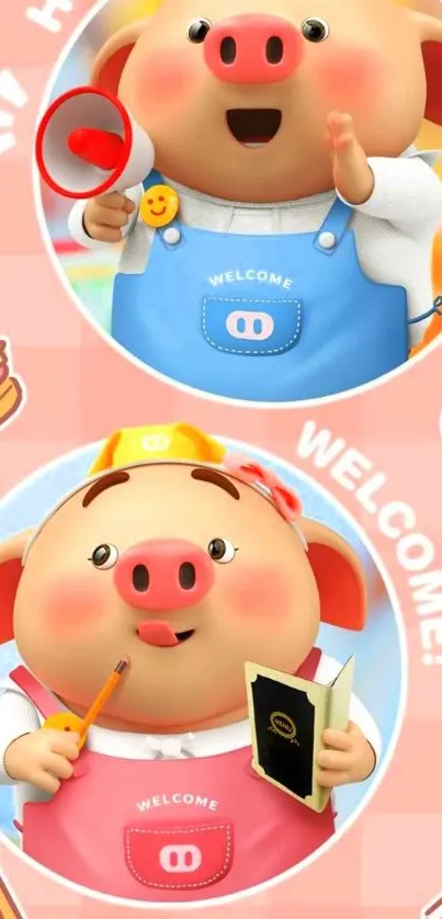 Cute cartoon pigs in colorful outfits.