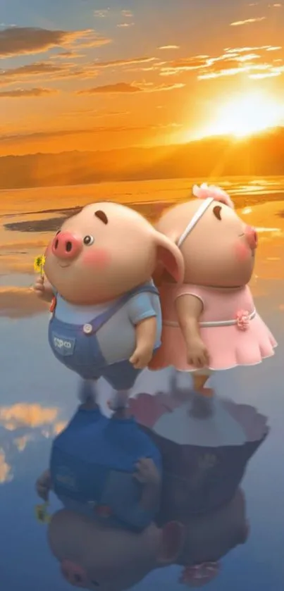 Cute cartoon pig couple reflecting in water at a serene sunset.