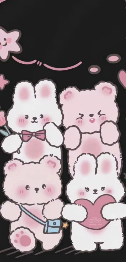 Cute pink cartoon animals on a dark background, perfect for mobile wallpaper.