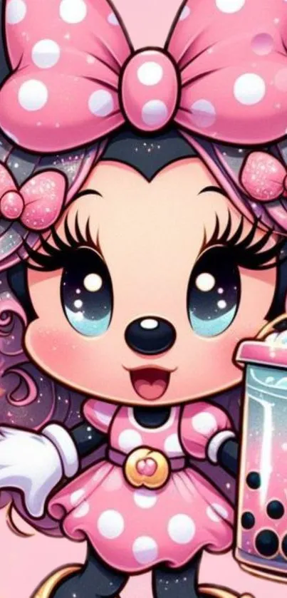 Cartoon character in a pink theme with bubbly elements and big eyes.