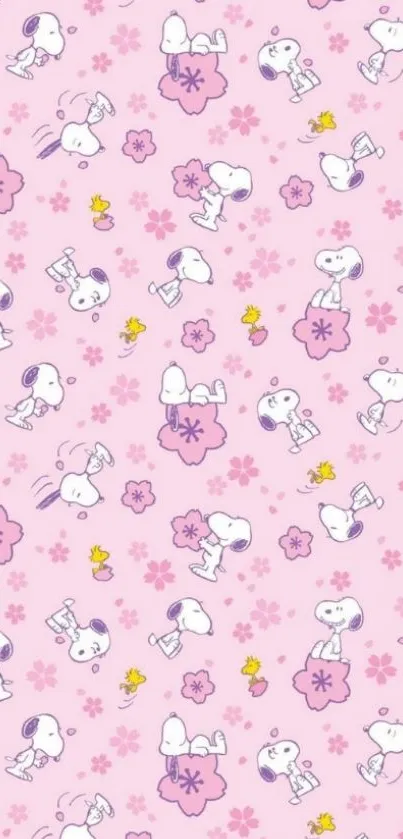 Pink wallpaper with cute cartoons and floral designs.