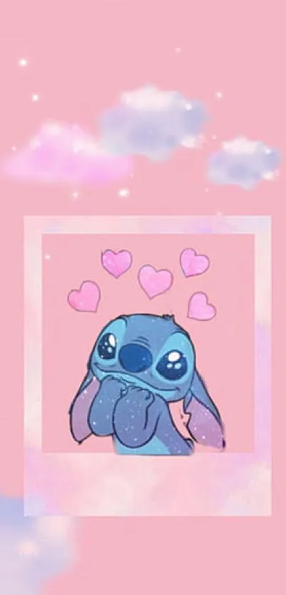 Cute cartoon character with pink hearts and clouds on a pastel background.