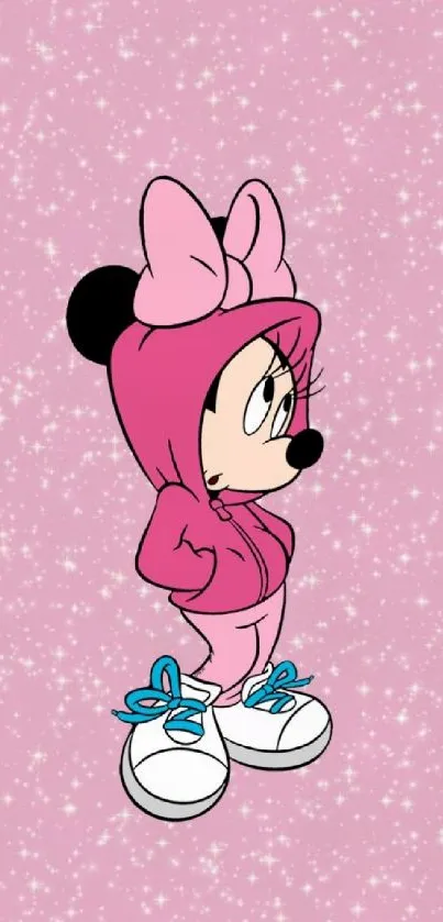 Cartoon in pink hoodie on sparkly pink background.