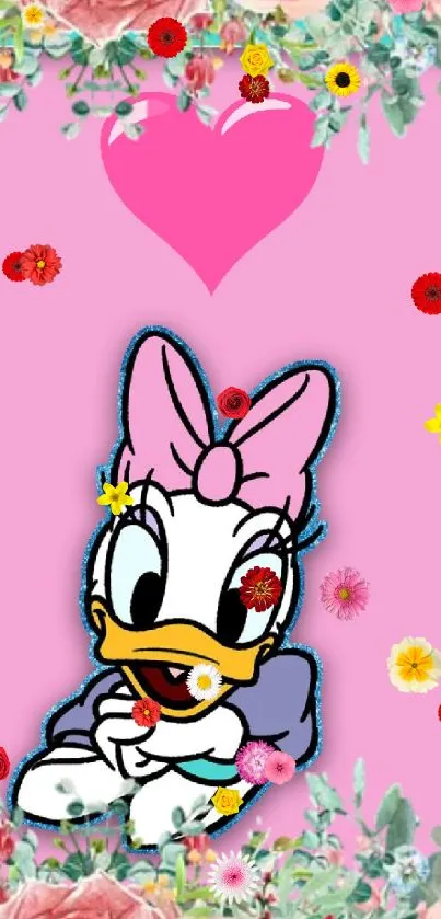 Cartoon duck with pink bow and heart on a floral pink background.