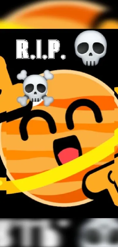 Playful cartoon planet with skull emoji.