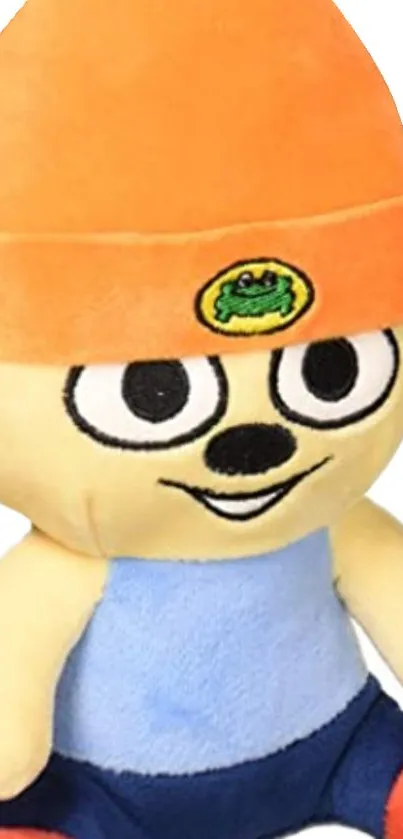 Vibrant cartoon plush character with an orange hat and blue outfit.