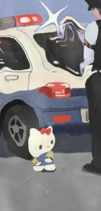 Cute cartoon character next to police car.