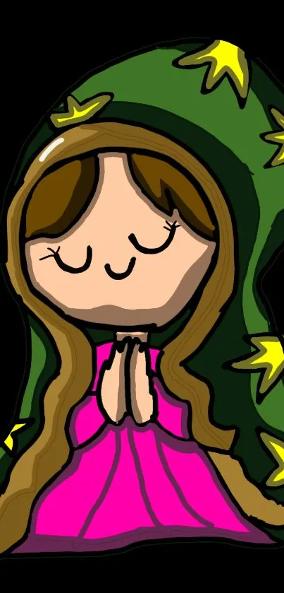 Cute cartoon character in prayer with a starry green cloak.