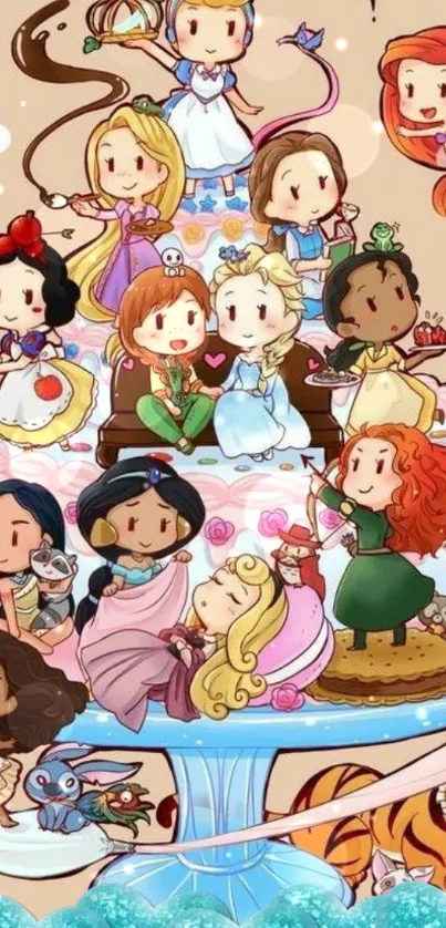 Cute cartoon wallpaper with princesses on a whimsical castle design.