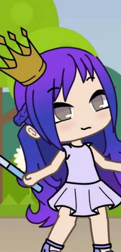 Cute cartoon princess with purple hair and crown on a colorful background.