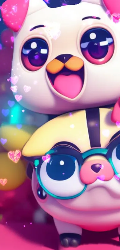 Cute cartoon pug with glasses and hearts.