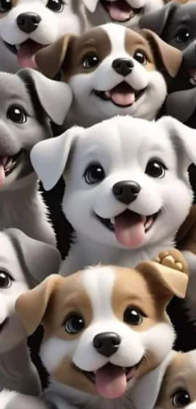 A group of cute cartoon puppies with happy expressions.
