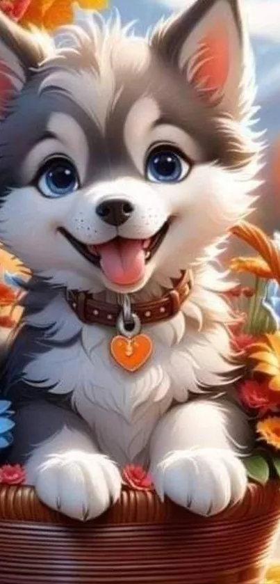 Cute cartoon puppy in floral basket wallpaper.