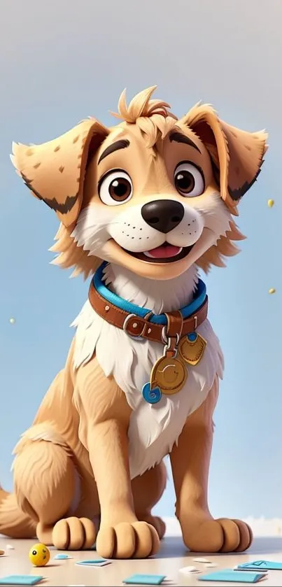 Adorable cartoon puppy with a cheerful expression, sitting on a bright background.